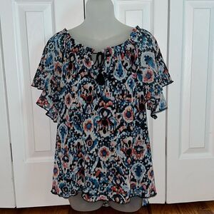 Joie De Vivre Sheer Over Black Pattern Blouse Top Shirt Orange Blue Small S NWT